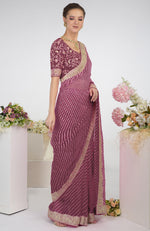 Burgundy Purple Leheriya Kashmiri Paisley Tilla Aari Embroidered Saree