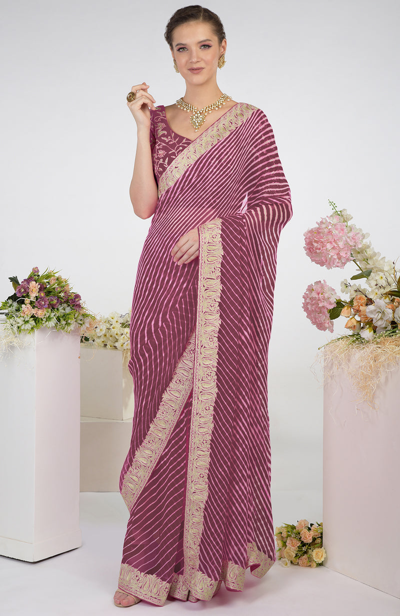 Burgundy Purple Leheriya Kashmiri Paisley Tilla Aari Embroidered Saree