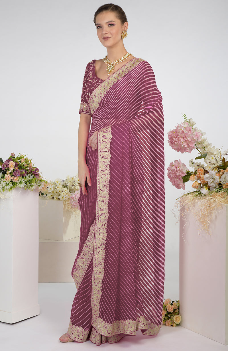 Burgundy Purple Leheriya Kashmiri Paisley Tilla Aari Embroidered Saree