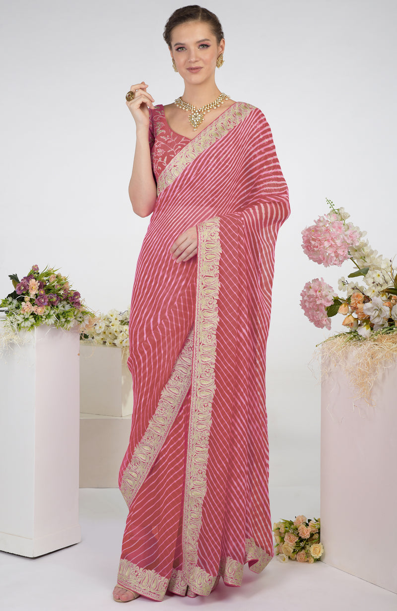 Garnet Rose Leheriya Kashmiri Paisley Tilla Aari Embroidered Saree