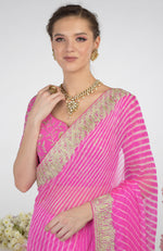 Pink Leheriya Kashmiri Paisley Tilla Aari Embroidered Saree