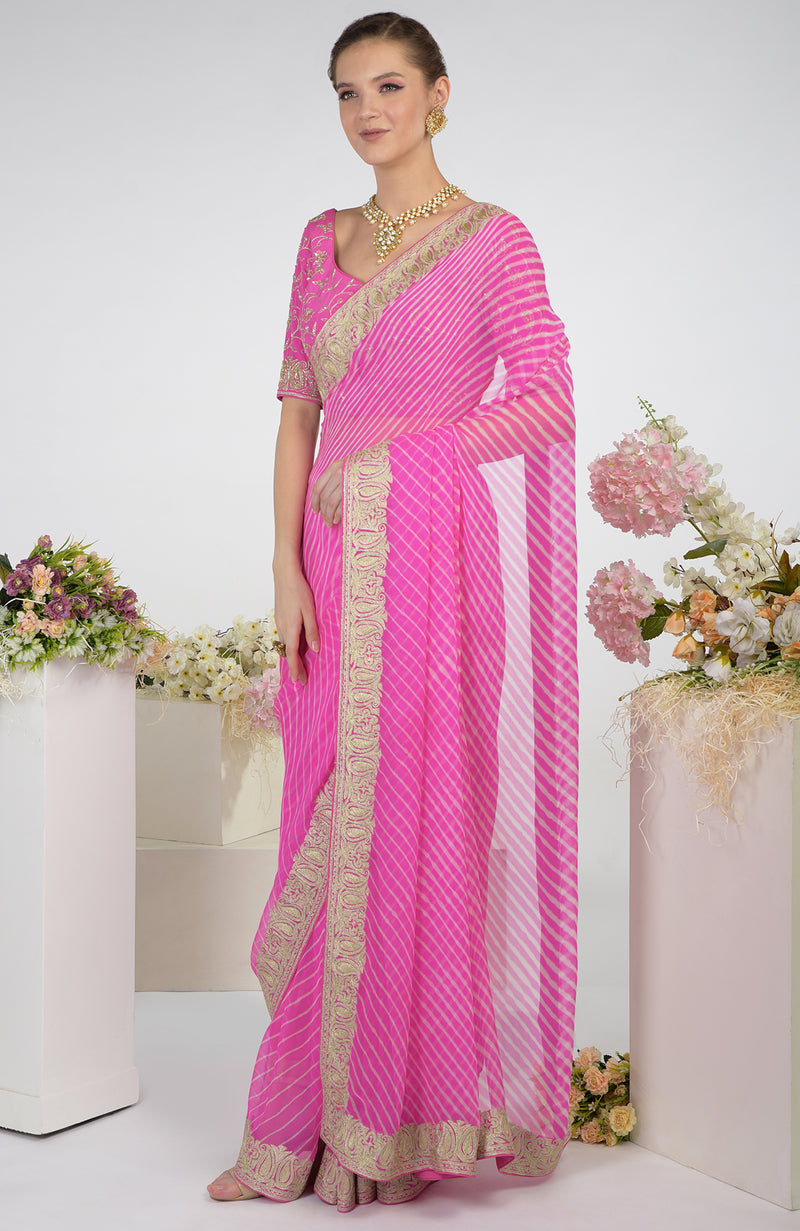 Pink Leheriya Kashmiri Paisley Tilla Aari Embroidered Saree