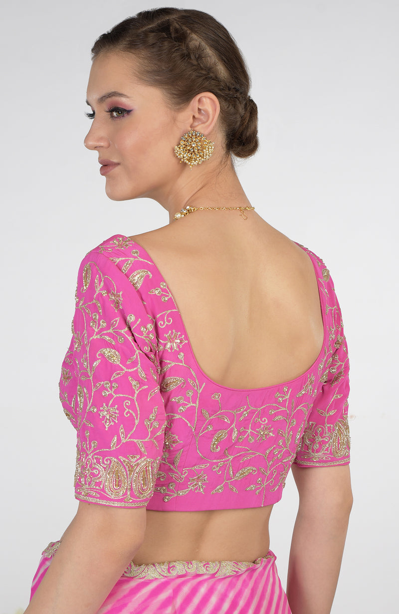 Pink Leheriya Kashmiri Paisley Tilla Aari Embroidered Saree