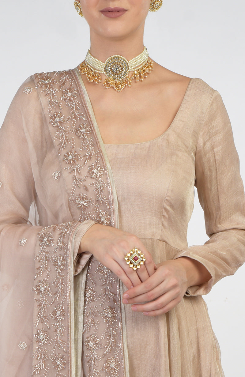 Nude Pink Hand Embroidered Organza Dupatta