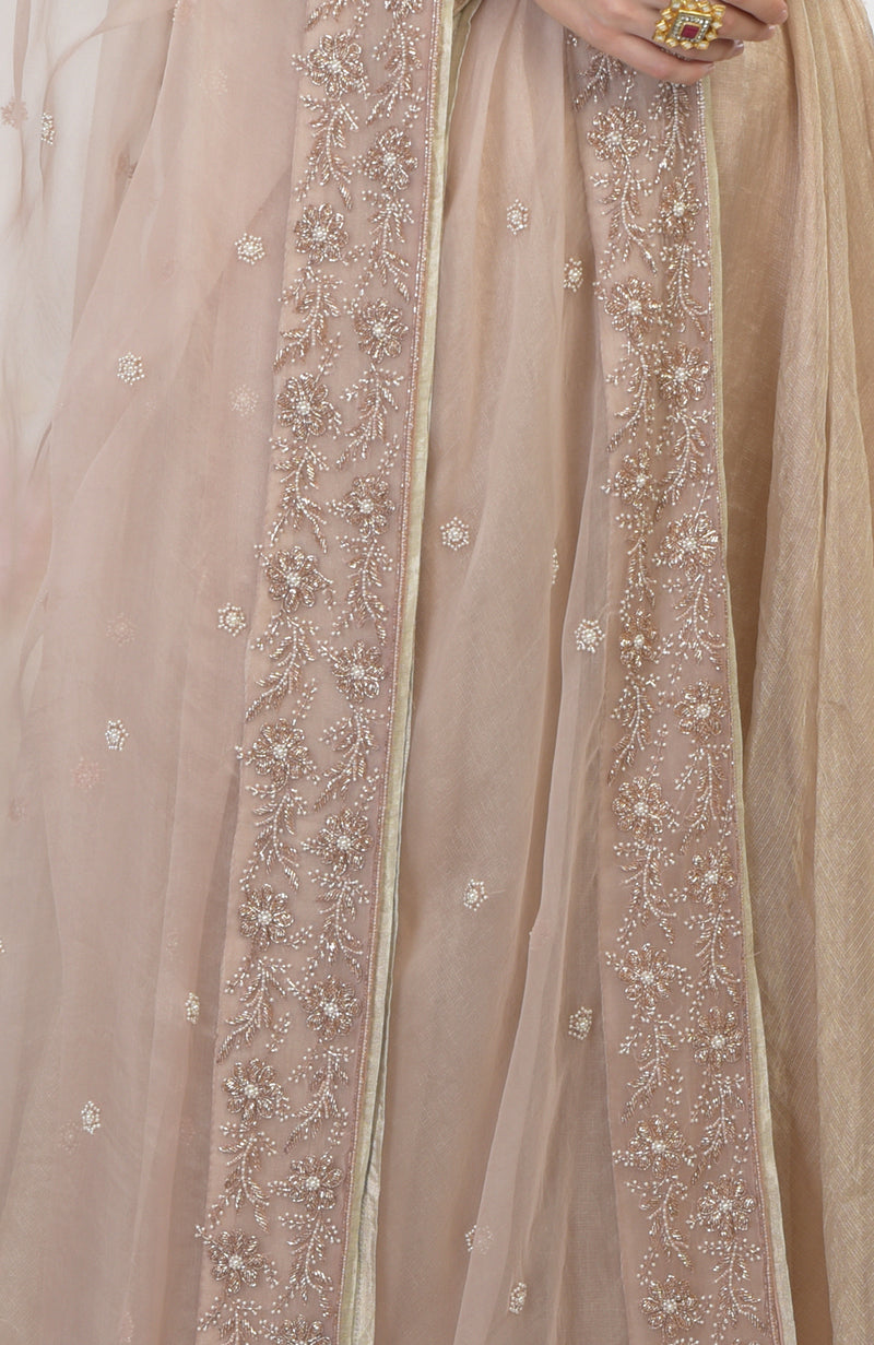 Nude Pink Hand Embroidered Organza Dupatta