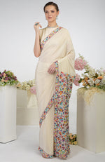 Butter Cream Kashmir Kani Art Embroidered Pure Crepe Silk Saree With Blouse