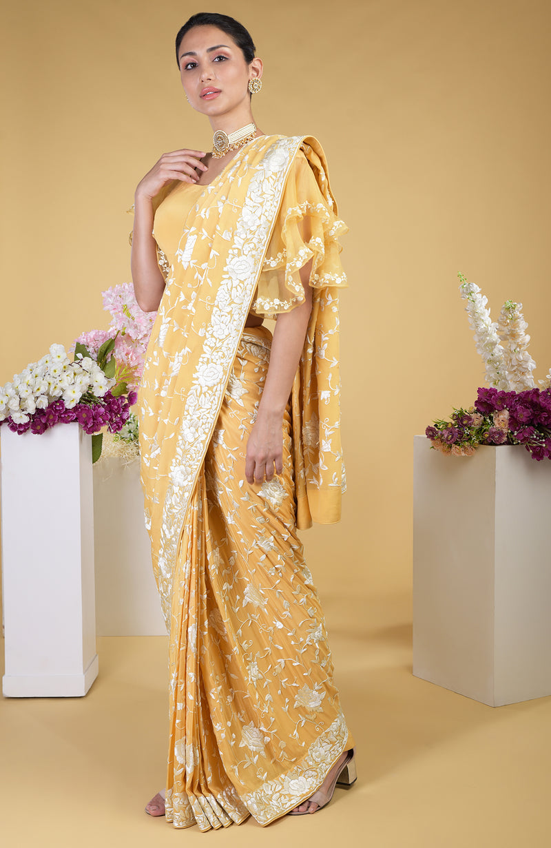 Mango Yellow Parsi Gara Hand Embroidered Saree