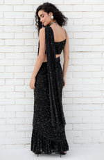 Starry Night Black Hand Bead Embroidered Draped Gown Saree