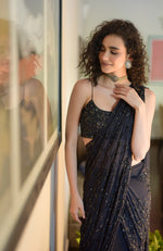 Starry Night Black Hand Bead Embroidered Draped Gown Saree