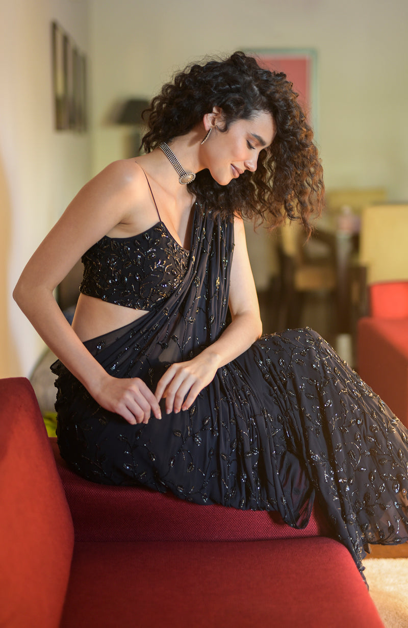 Starry Night Black Hand Bead Embroidered Draped Gown Saree