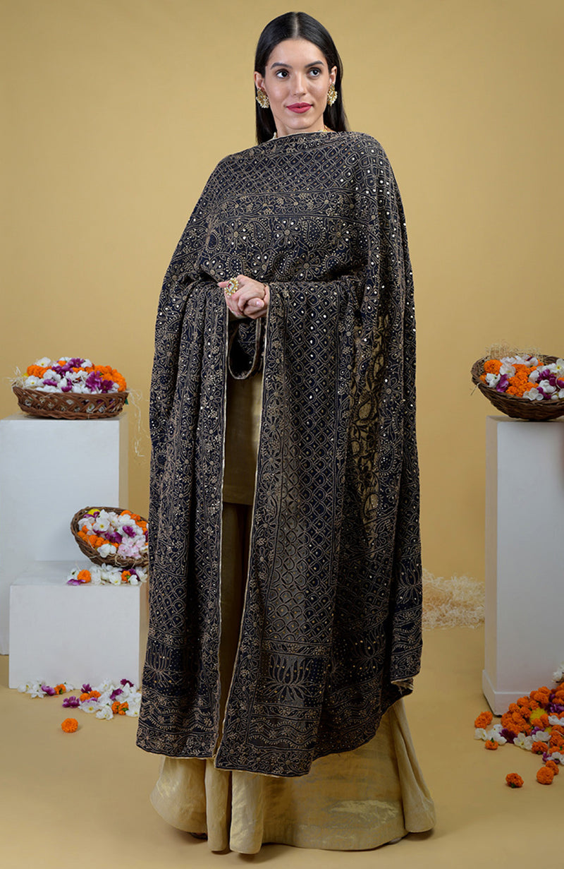 Black Chikankari And Kamdani Hand Embroidered Pure Georgette Dupatta