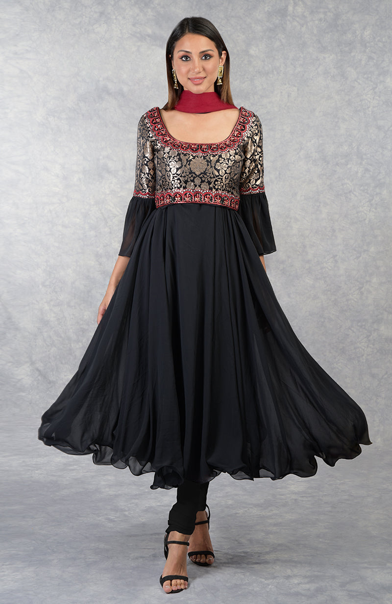 Black Benares Brocade Embroidered Anarkali Set