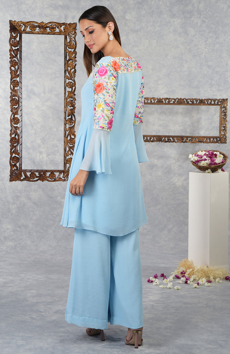 Cerulean Blue Parsi Gara Embroidered Kurta Set