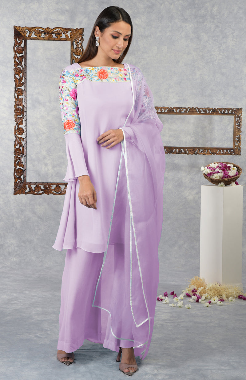 Lilac Snow Parsi Gara Embroidered Kurta Set