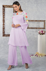 Lilac Snow Parsi Gara Embroidered Kurta Set