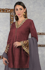 Pomegranate-Mulled Grape Raw Silk Hand Embroidered Jacket Set with Dupatta