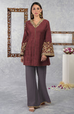 Pomegranate-Mulled Grape Raw Silk Hand Embroidered Jacket Set with Dupatta