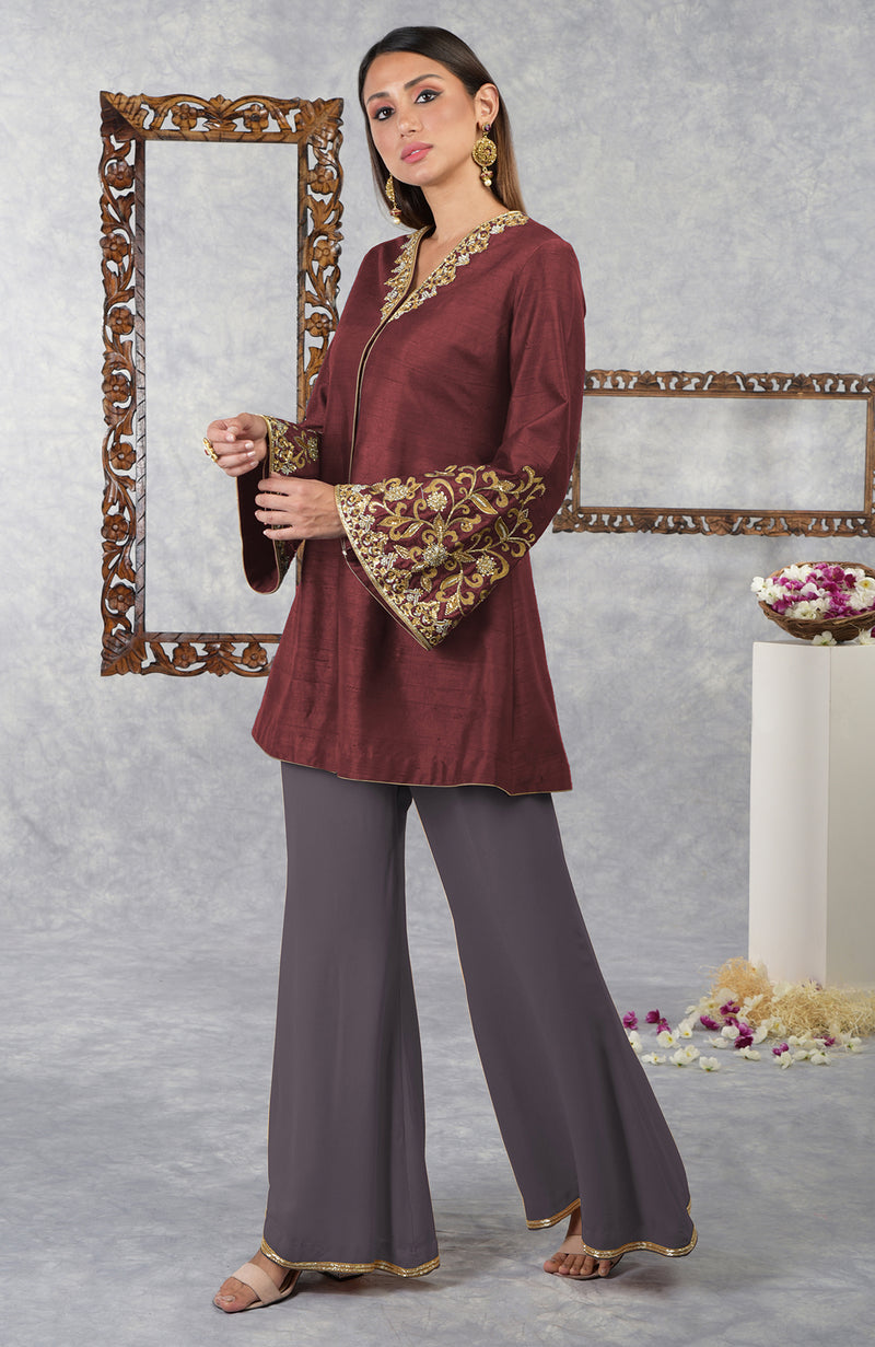 Pomegranate-Mulled Grape Raw Silk Hand Embroidered Jacket Set with Dupatta