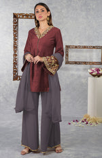 Pomegranate-Mulled Grape Raw Silk Hand Embroidered Jacket Set with Dupatta