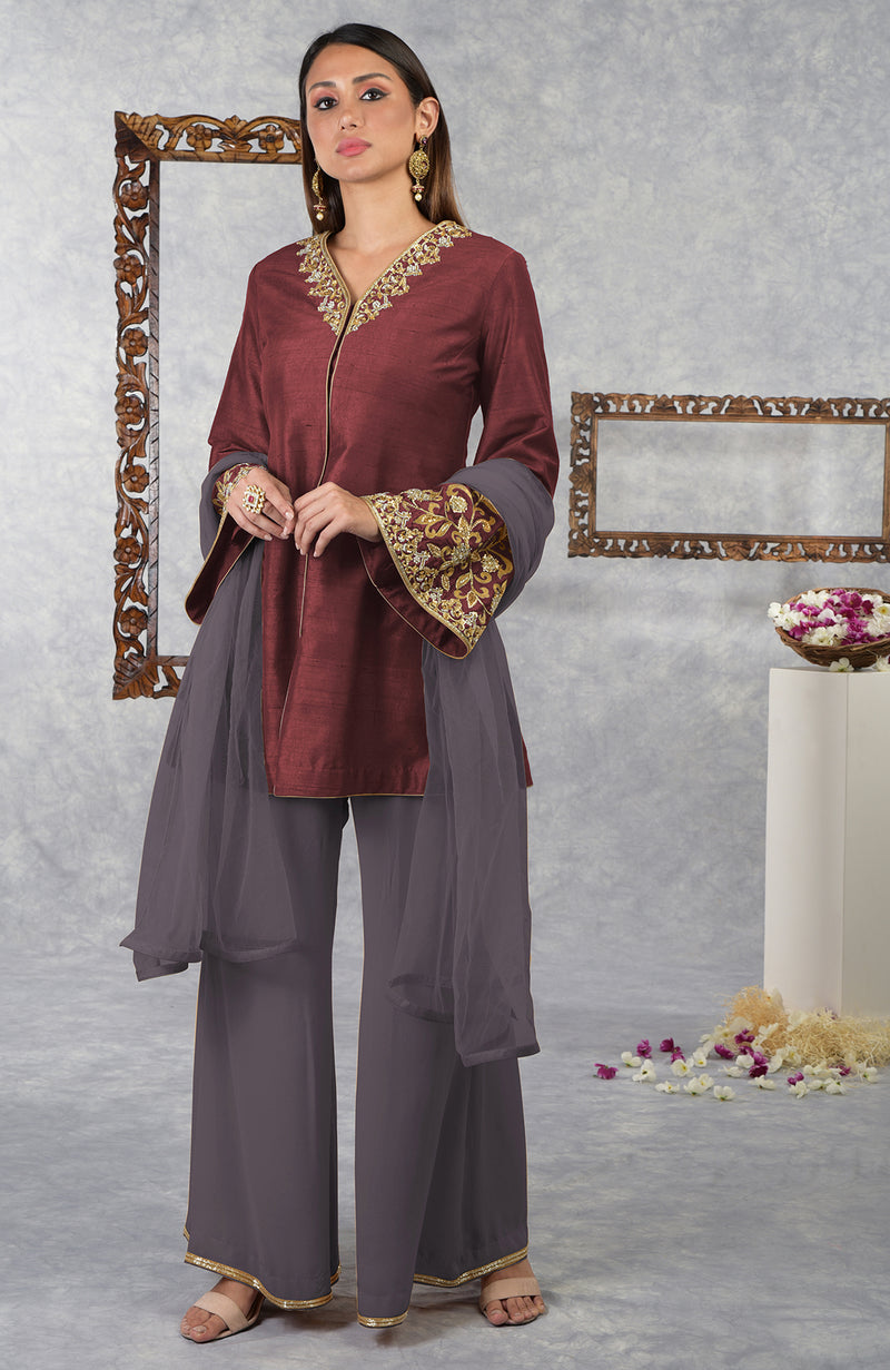 Pomegranate-Mulled Grape Raw Silk Hand Embroidered Jacket Set with Dupatta