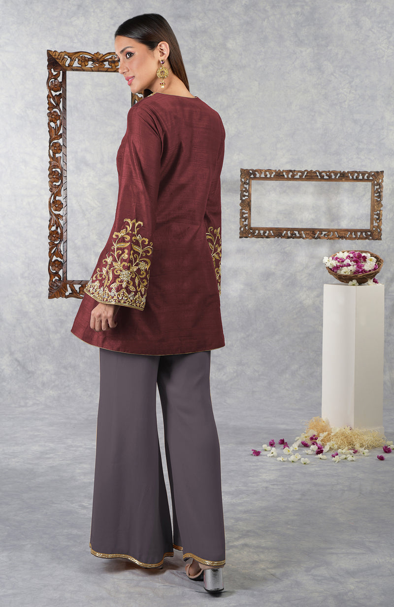 Pomegranate-Mulled Grape Raw Silk Hand Embroidered Jacket Set with Dupatta