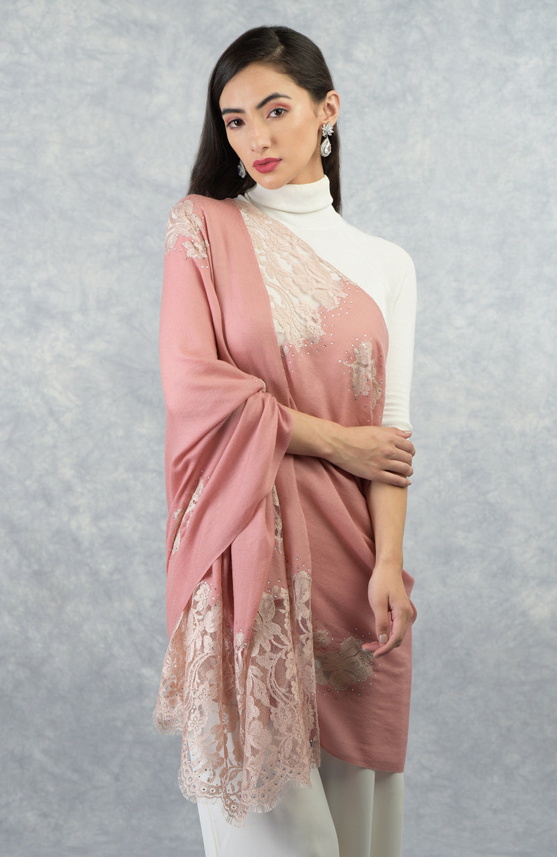 Madonna Pressed Rose-Beige Chantilly & Swarovski Pure Cashmere Stole