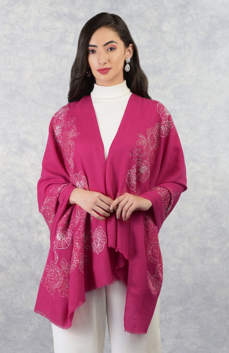 Frida Fuchsia Rose Floral Embroidered Pure Cashmere Stole