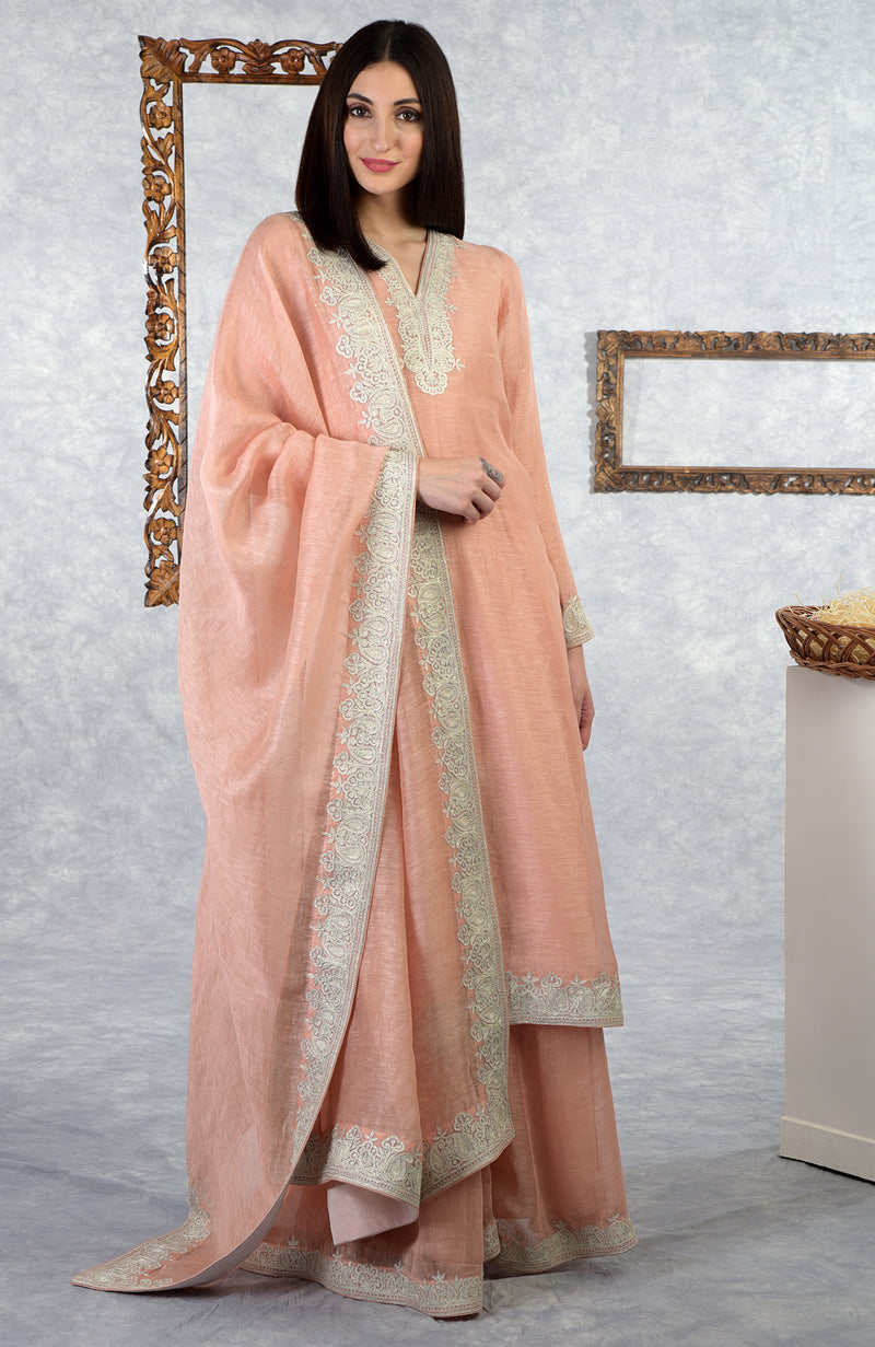 Pale Peach Kashmiri Tilla Embroidered Kurta Set