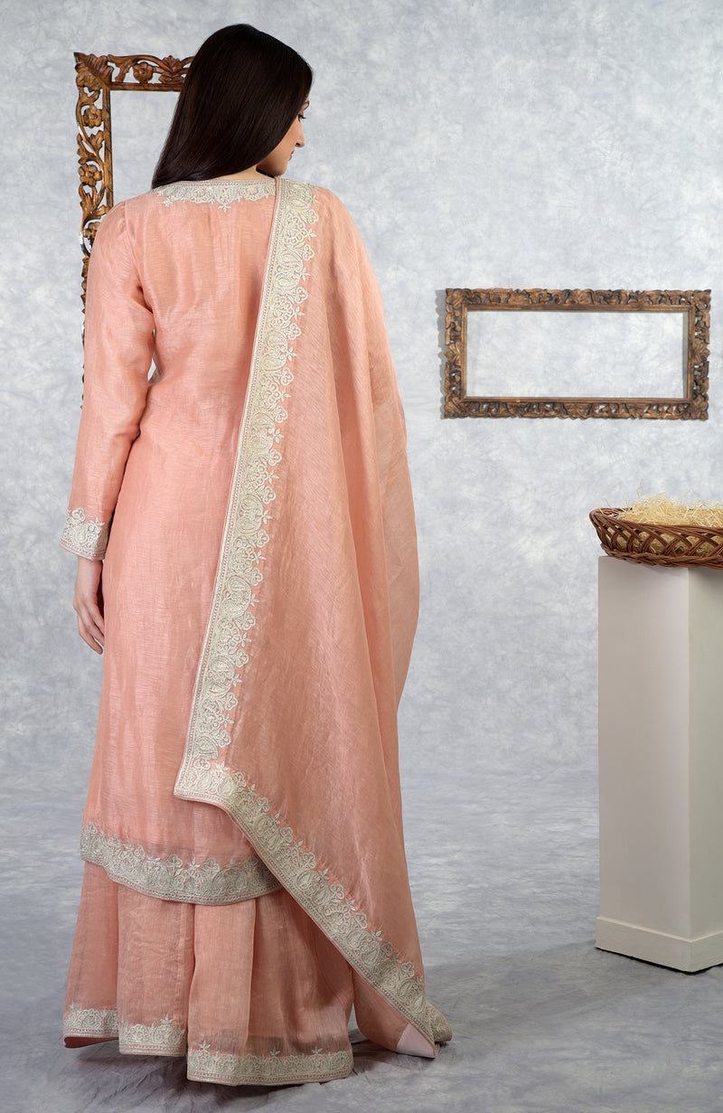 Pale Peach Kashmiri Tilla Embroidered Kurta Set