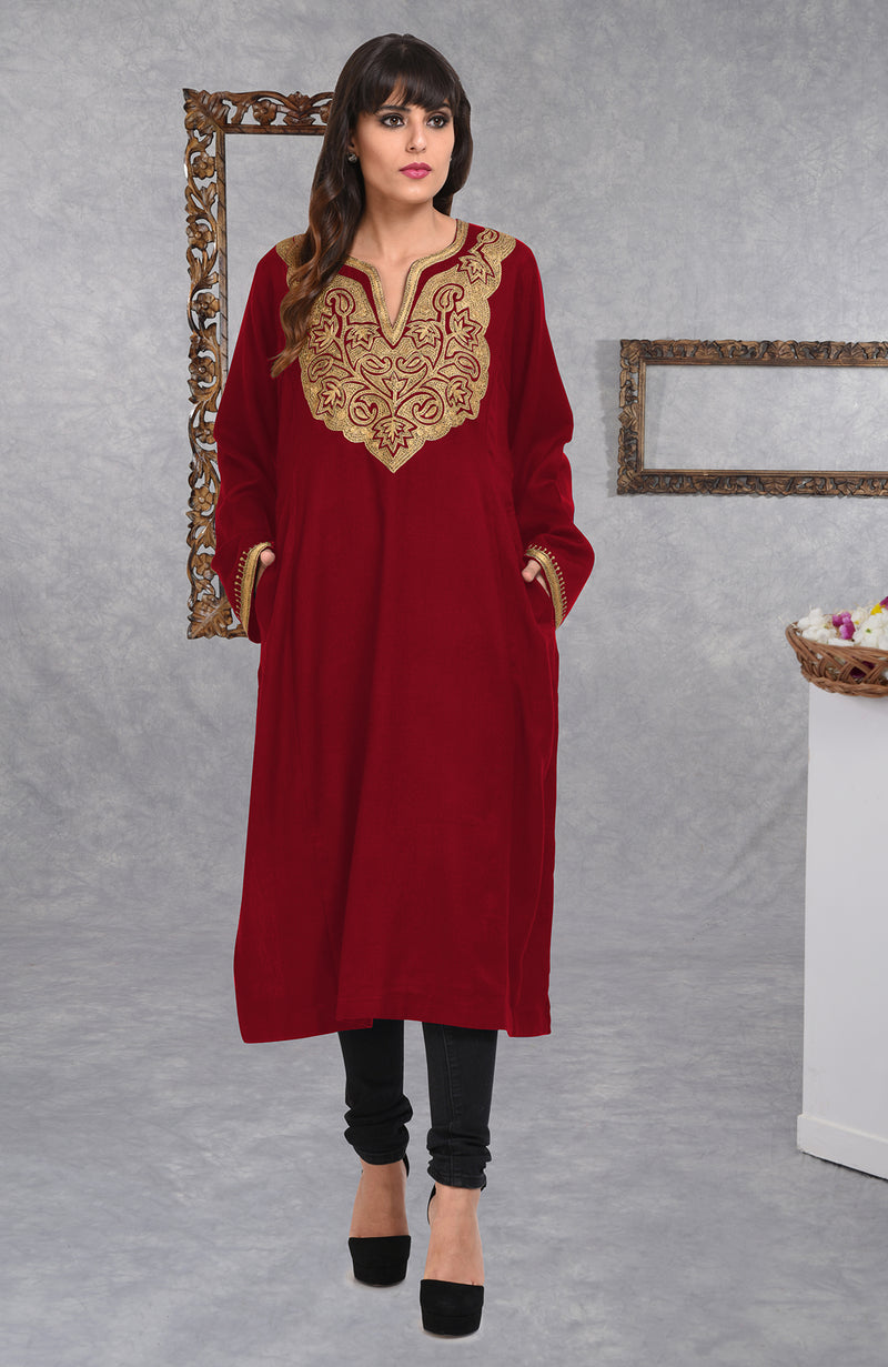 Maroon Pure Wool Crepe Floral & Paisley Tilla Aari Embroidered Phiran