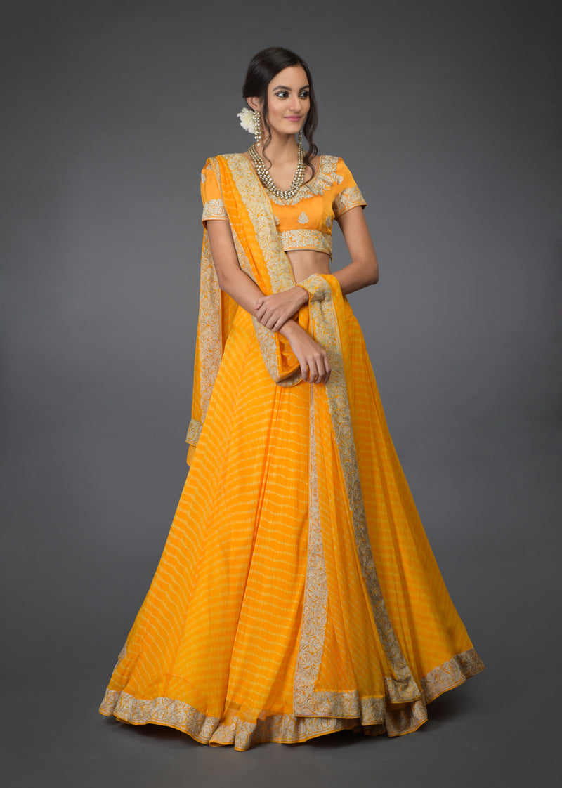 Yellow Leheriya Tilla Embroidered Lehenga Set