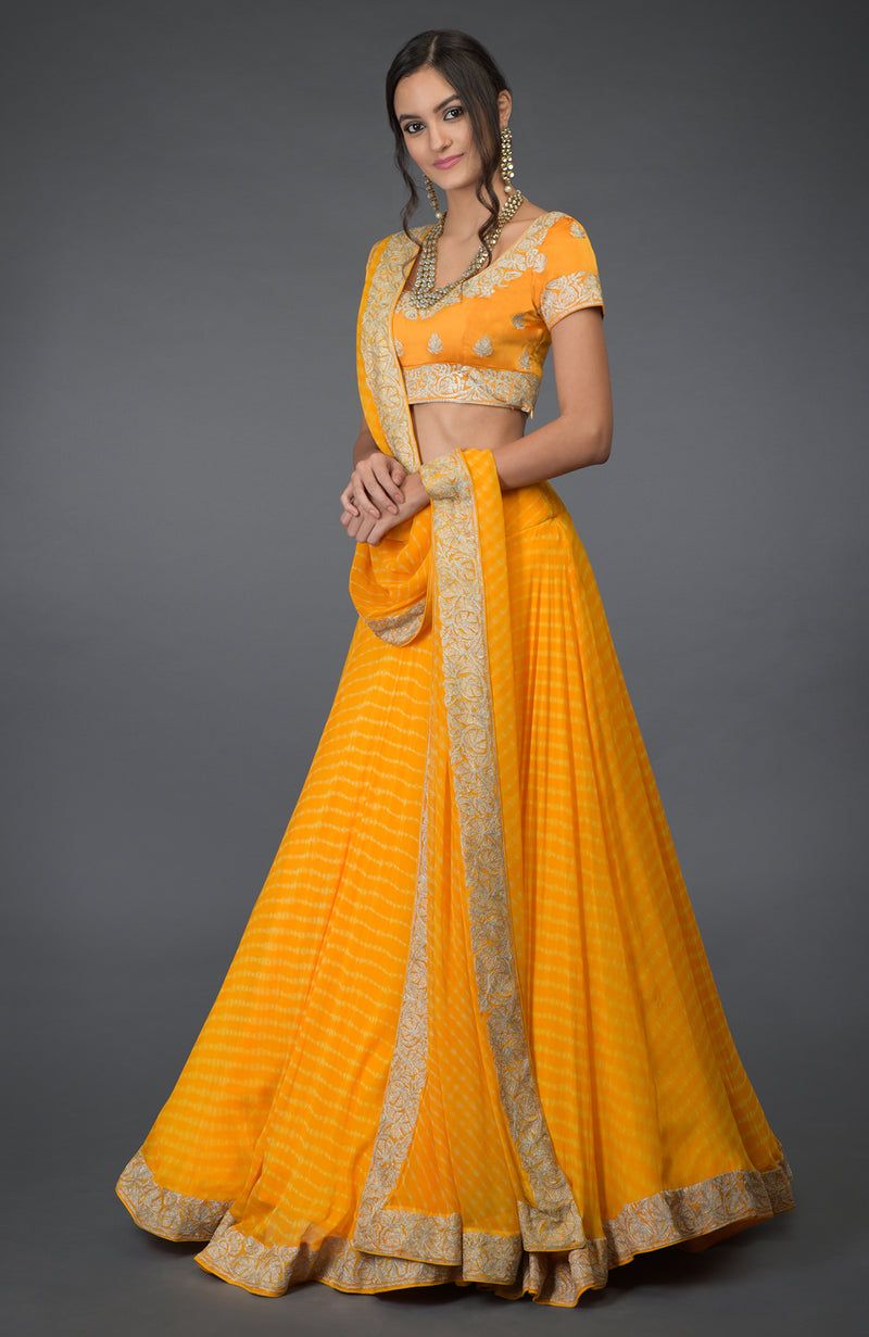 Yellow Leheriya Tilla Embroidered Lehenga Set