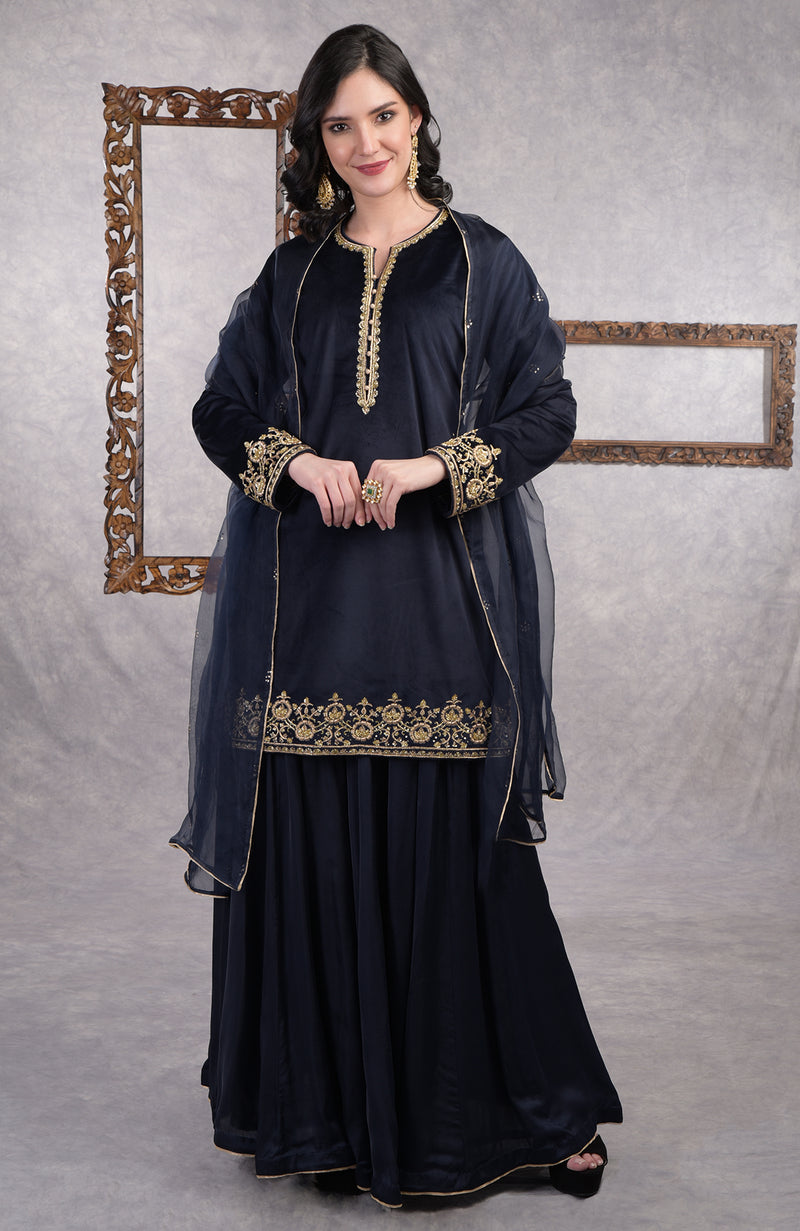 Midnight Blue Zardozi Hand Embroidered Sharara Set