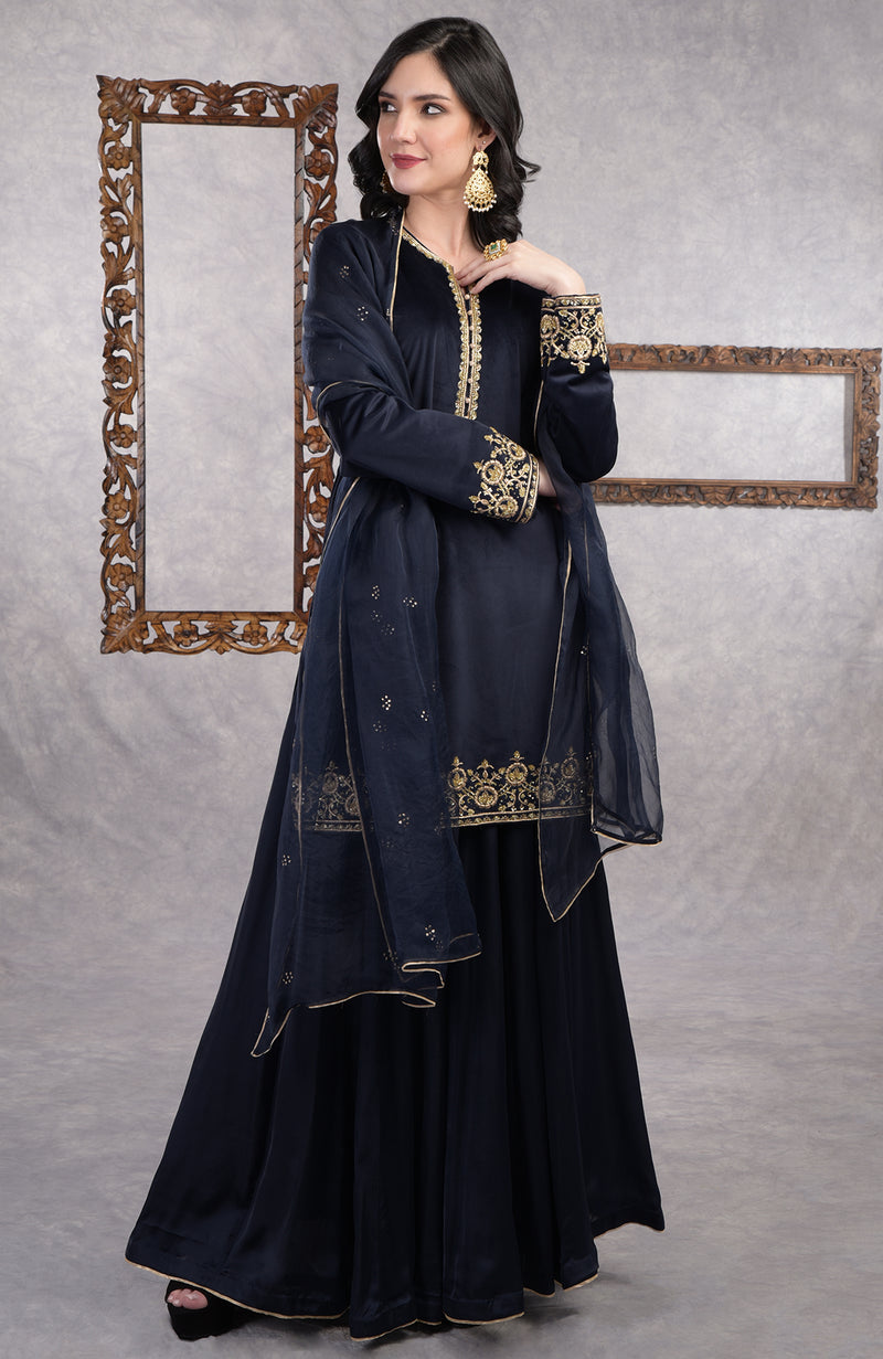 Midnight Blue Zardozi Hand Embroidered Sharara Set