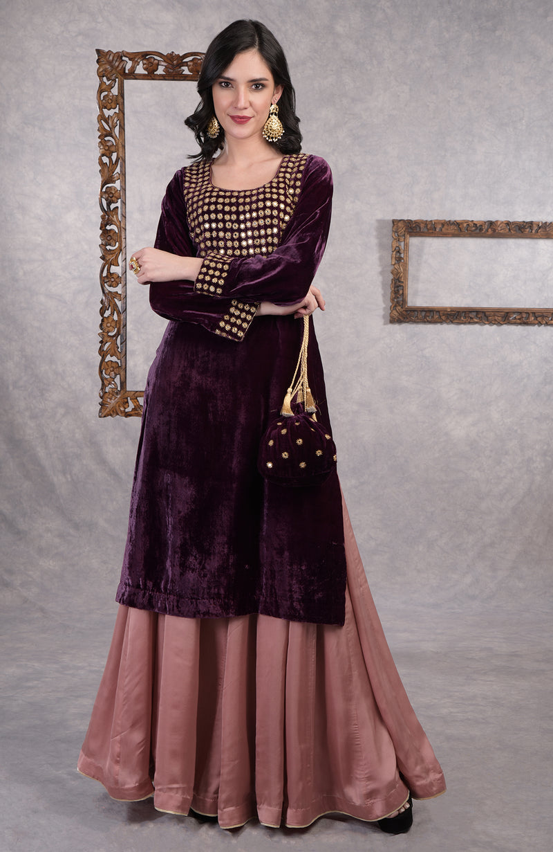 Deep Purple Mirror Work And Zardozi Hand Embroidered Sharara Set