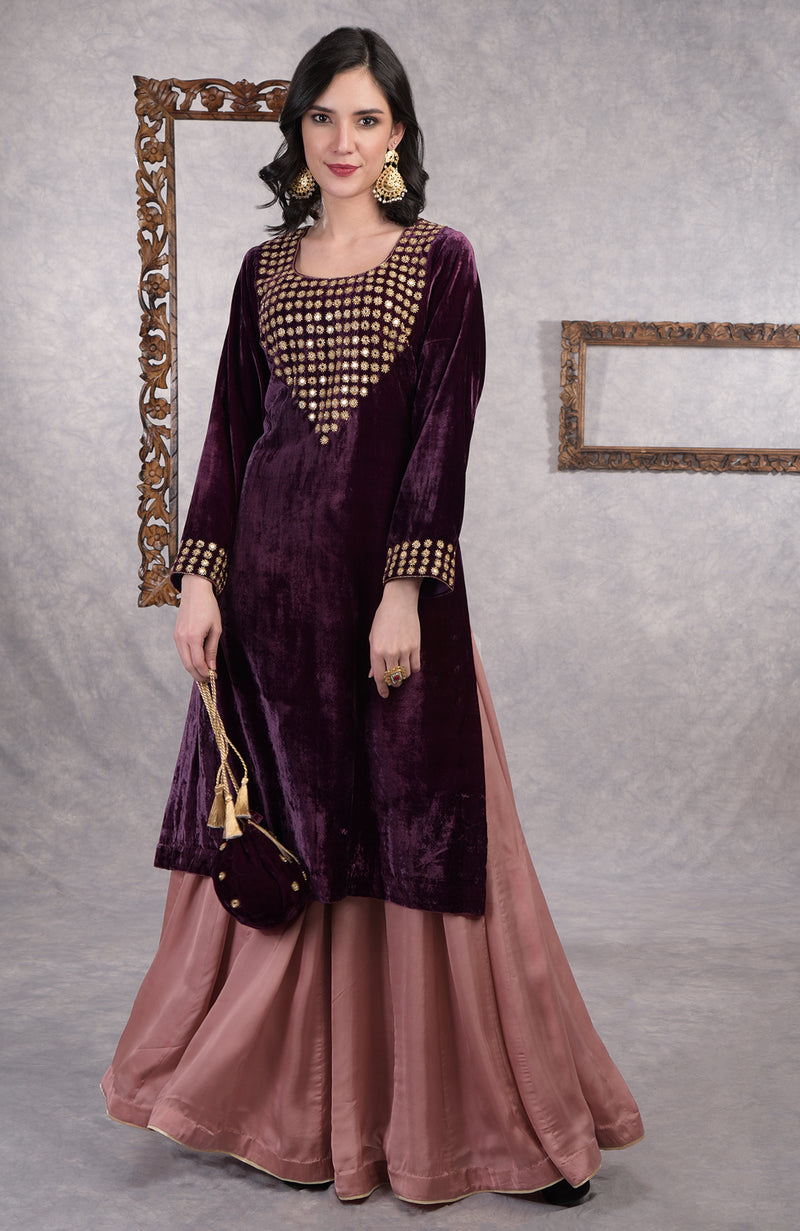 Deep Purple Mirror Work And Zardozi Hand Embroidered Sharara Set