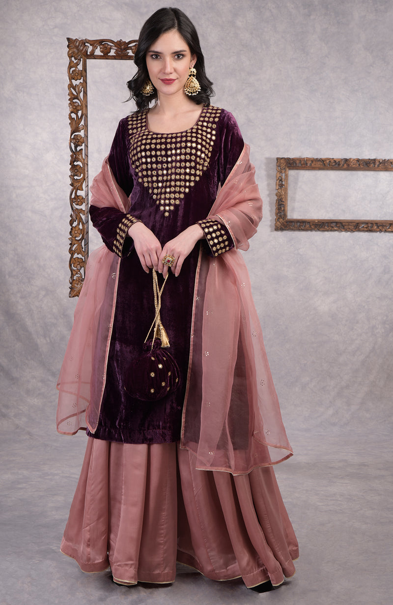 Deep Purple Mirror Work And Zardozi Hand Embroidered Sharara Set