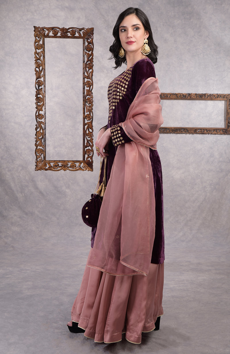 Deep Purple Mirror Work And Zardozi Hand Embroidered Sharara Set