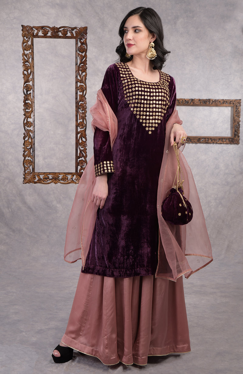 Deep Purple Mirror Work And Zardozi Hand Embroidered Sharara Set