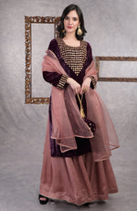 Deep Purple Mirror Work And Zardozi Hand Embroidered Sharara Set