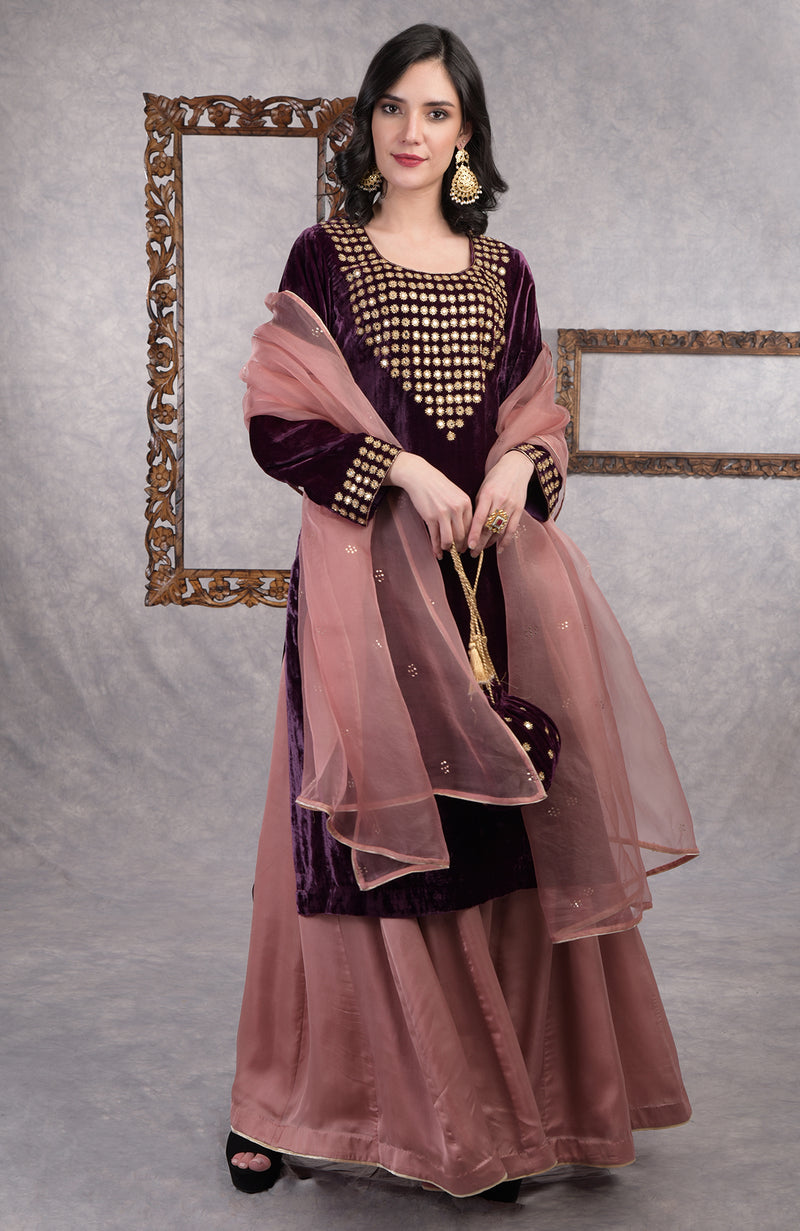 Deep Purple Mirror Work And Zardozi Hand Embroidered Sharara Set