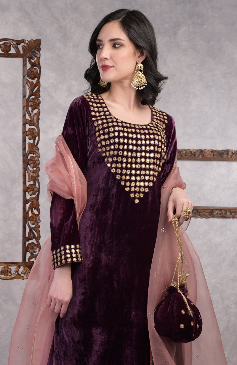 Deep Purple Mirror Work And Zardozi Hand Embroidered Sharara Set