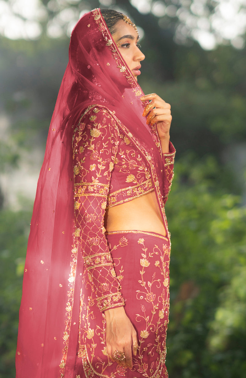 She Walks In Beauty Deep Rosewood Lehenga Set