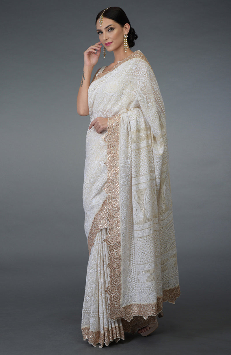 Heirloom Ivory Chikankari & Gota Patti Hand Embroidered Saree