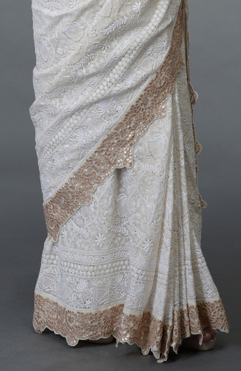 Heirloom Ivory Chikankari & Gota Patti Hand Embroidered Saree