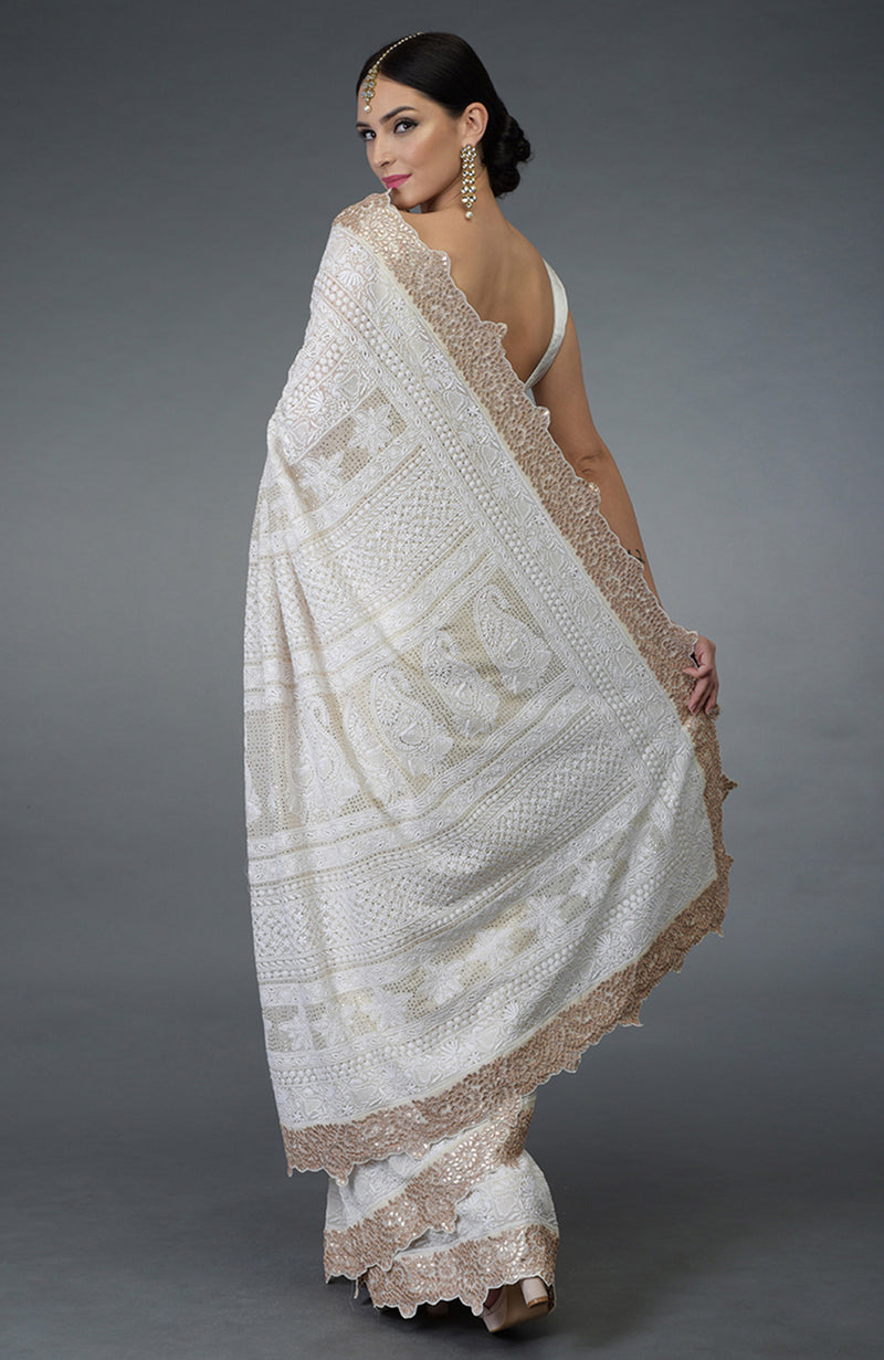 Heirloom Ivory Chikankari & Gota Patti Hand Embroidered Saree