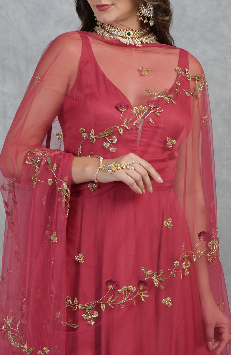 3D Floral & Cutbead Hand Embroidered Anarkali Set