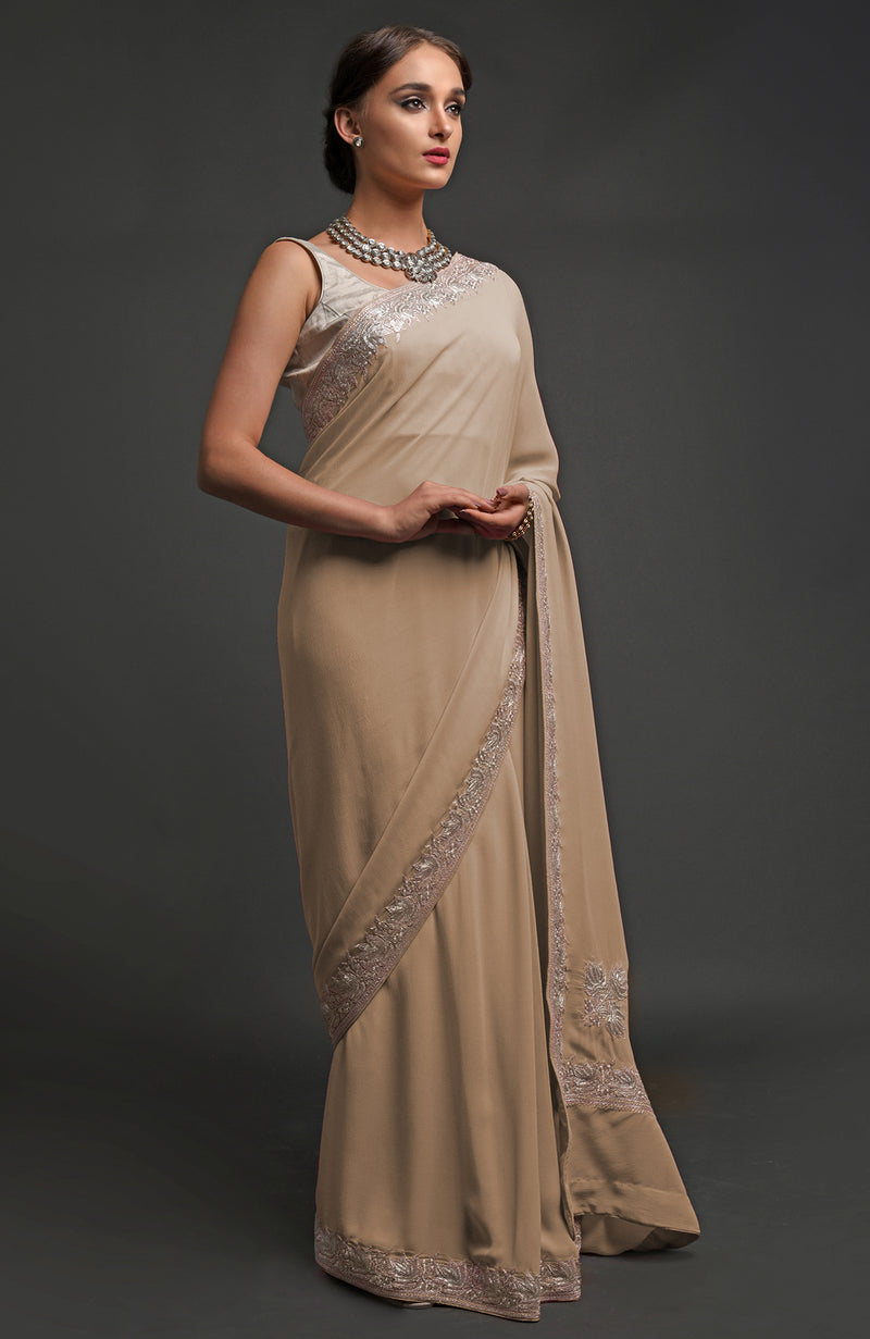 Beige Kashmiri Tilla Embroidered Georgette Saree