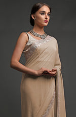 Beige Kashmiri Tilla Embroidered Georgette Saree