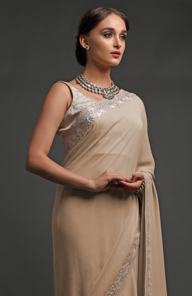 Beige Kashmiri Tilla Embroidered Georgette Saree